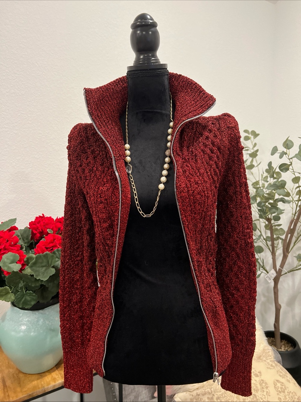 Isabel Marant Burgundy Textured Teddy Zip Jacket with Stand Collar